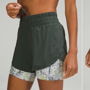 lululemon athletica Olive Green Layered Athletic Shorts with Printed Liner